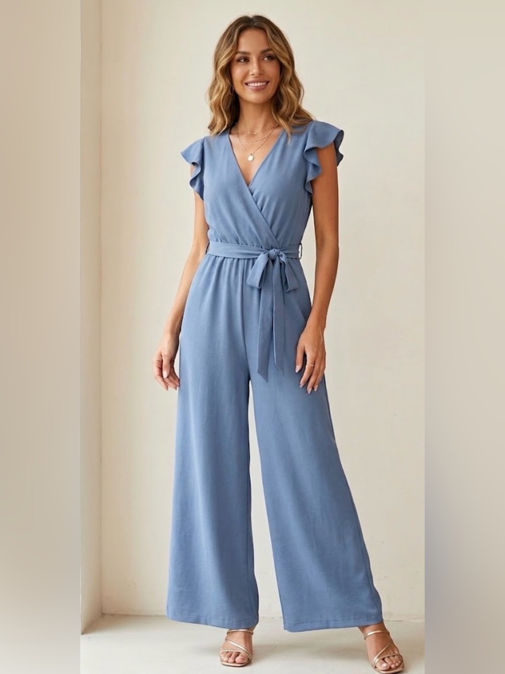 Inspired Hearts Dusty Blue Wrap Maxi Jumpsuit with Tie Waist size L